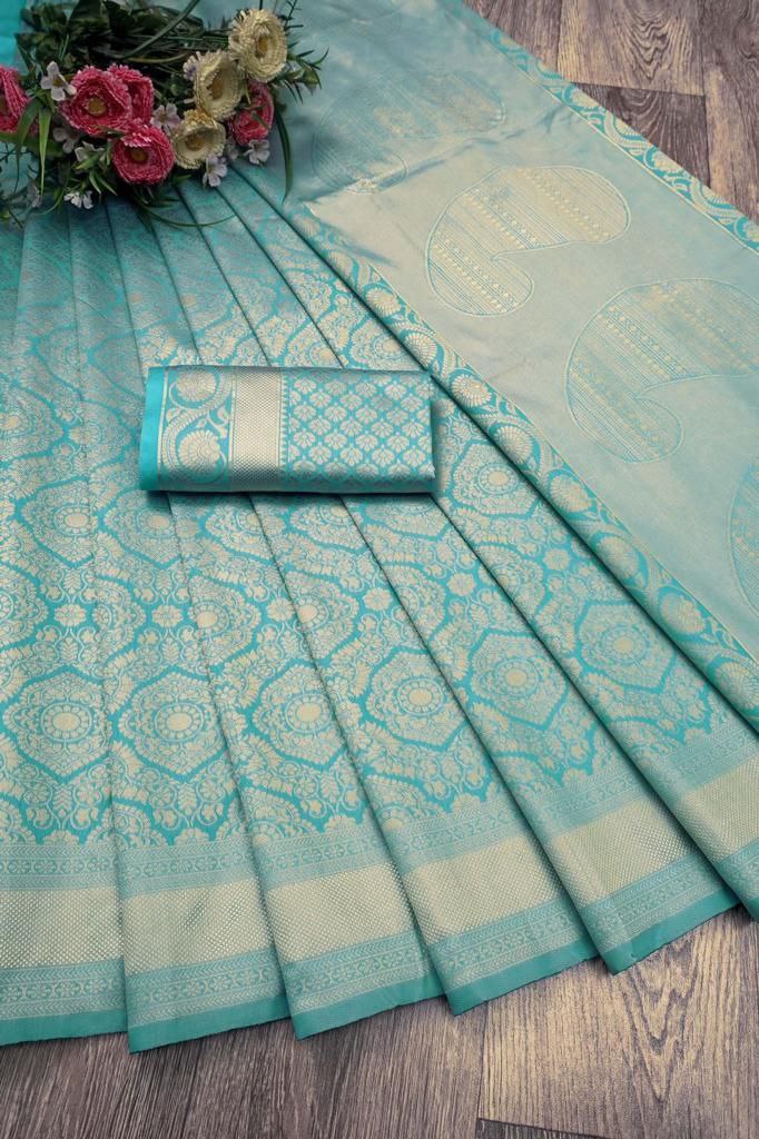 SKY BLUE Designer Silk Jacquard Saree For Bridesmade With Beautiful Blouse, Printed Saree For Wedding