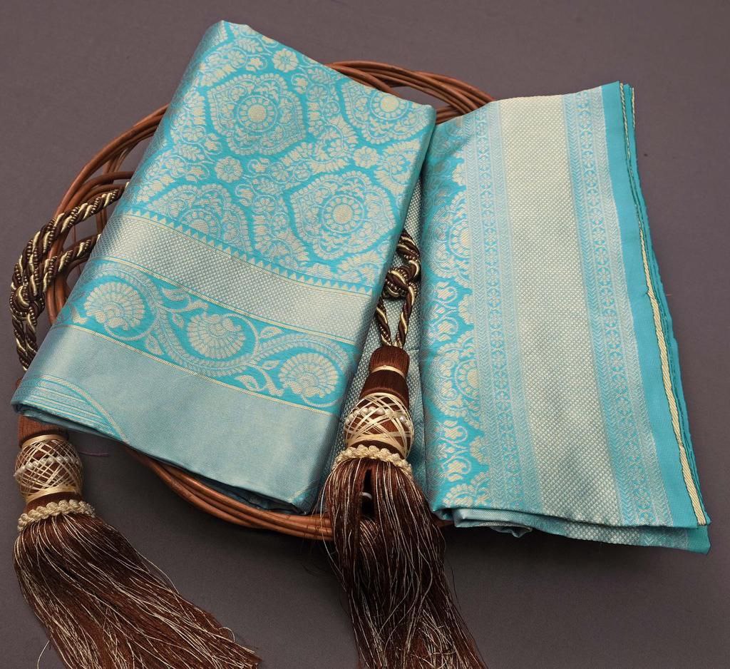 SKY BLUE Designer Silk Jacquard Saree For Bridesmade With Beautiful Blouse, Printed Saree For Wedding