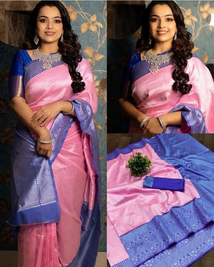 Pink Breathable Organic Banarasi Lichi Silk Saree For Wedding & party collection with self work and weaving Pallu & Border