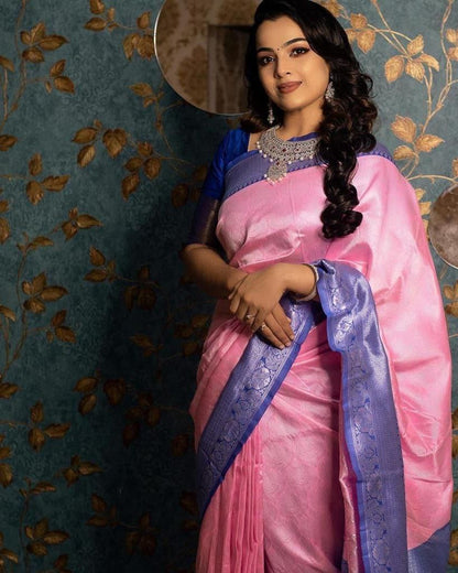 Pink Breathable Organic Banarasi Lichi Silk Saree For Wedding & party collection with self work and weaving Pallu & Border