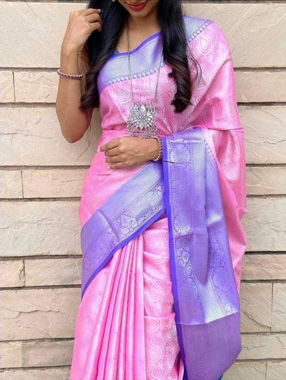 Pink Breathable Organic Banarasi Lichi Silk Saree For Wedding & party collection with self work and weaving Pallu & Border