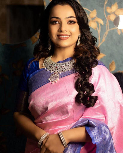 Pink Breathable Organic Banarasi Lichi Silk Saree For Wedding & party collection with self work and weaving Pallu & Border