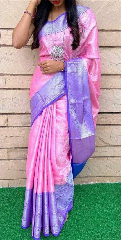 Pink Breathable Organic Banarasi Lichi Silk Saree For Wedding & party collection with self work and weaving Pallu & Border