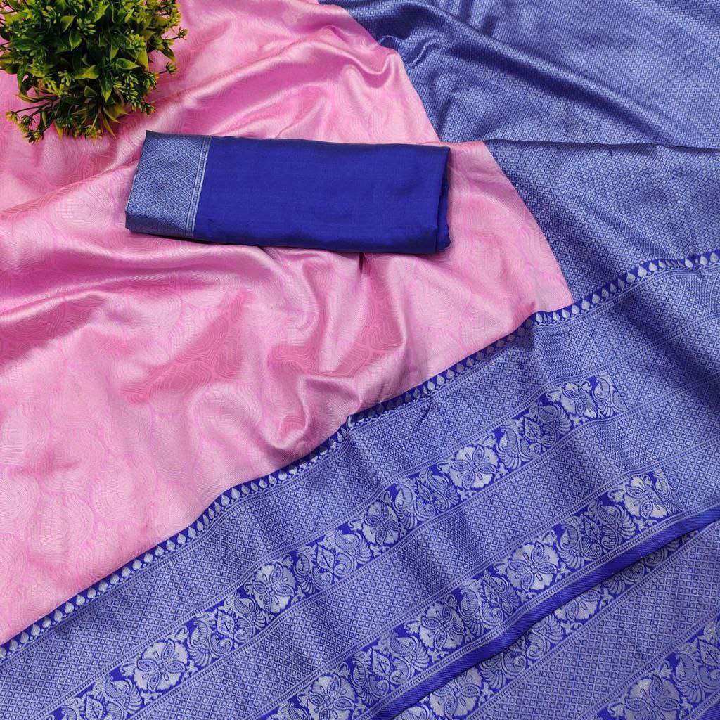 Pink Breathable Organic Banarasi Lichi Silk Saree For Wedding & party collection with self work and weaving Pallu & Border