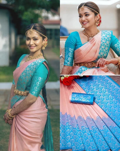 Peach-Blue Latest Banarasi Art Silk Saree For Wedding With Unstitched Blouse Piece.