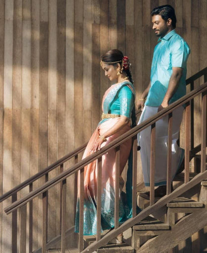 Peach-Blue Latest Banarasi Art Silk Saree For Wedding With Unstitched Blouse Piece.