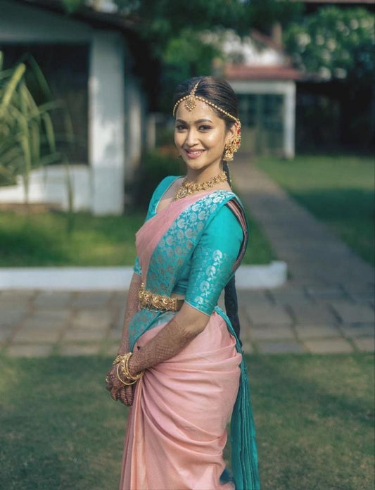 Peach-Blue Latest Banarasi Art Silk Saree For Wedding With Unstitched Blouse Piece.