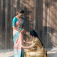 Peach-Blue Latest Banarasi Art Silk Saree For Wedding With Unstitched Blouse Piece.