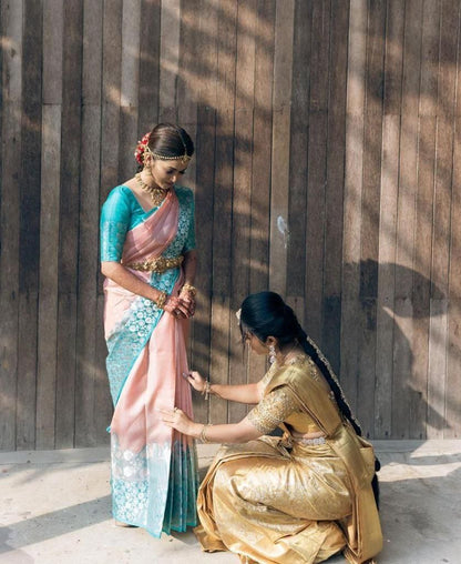 Peach-Blue Latest Banarasi Art Silk Saree For Wedding With Unstitched Blouse Piece.
