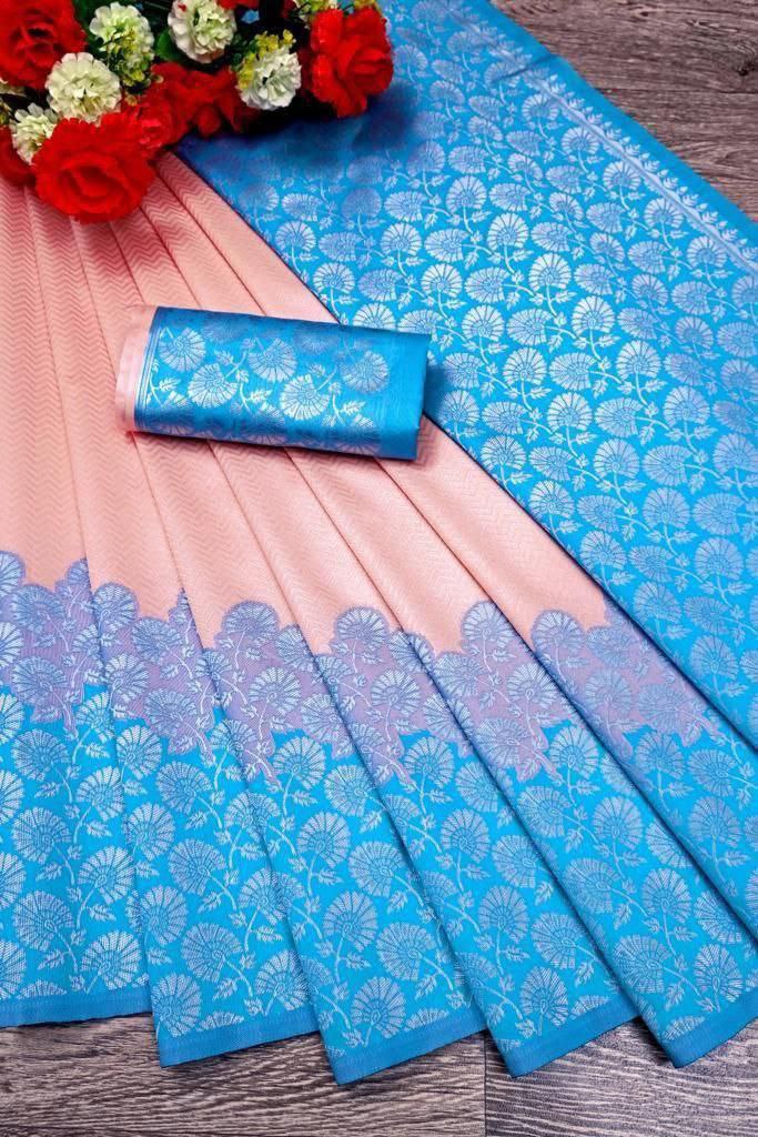 Peach-Blue Latest Banarasi Art Silk Saree For Wedding With Unstitched Blouse Piece.
