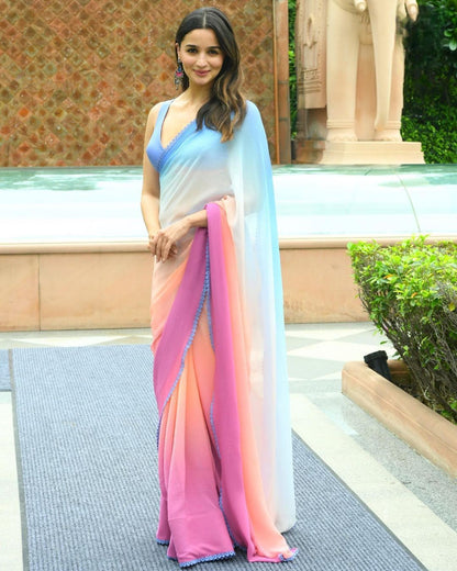 Multicolor Printed, Solid Plain Bollywood Fancy Trendy Georgette Saree