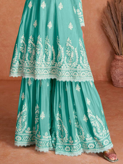Light Sea Green Designer Georgette Embroidered Party Wear Sharara Suit