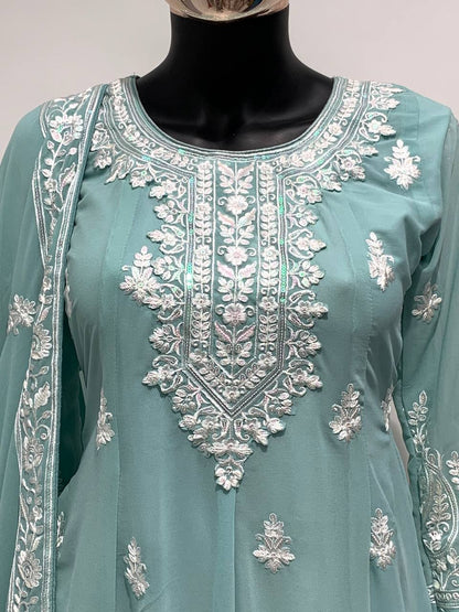 Light Sea Green Designer Georgette Embroidered Party Wear Sharara Suit