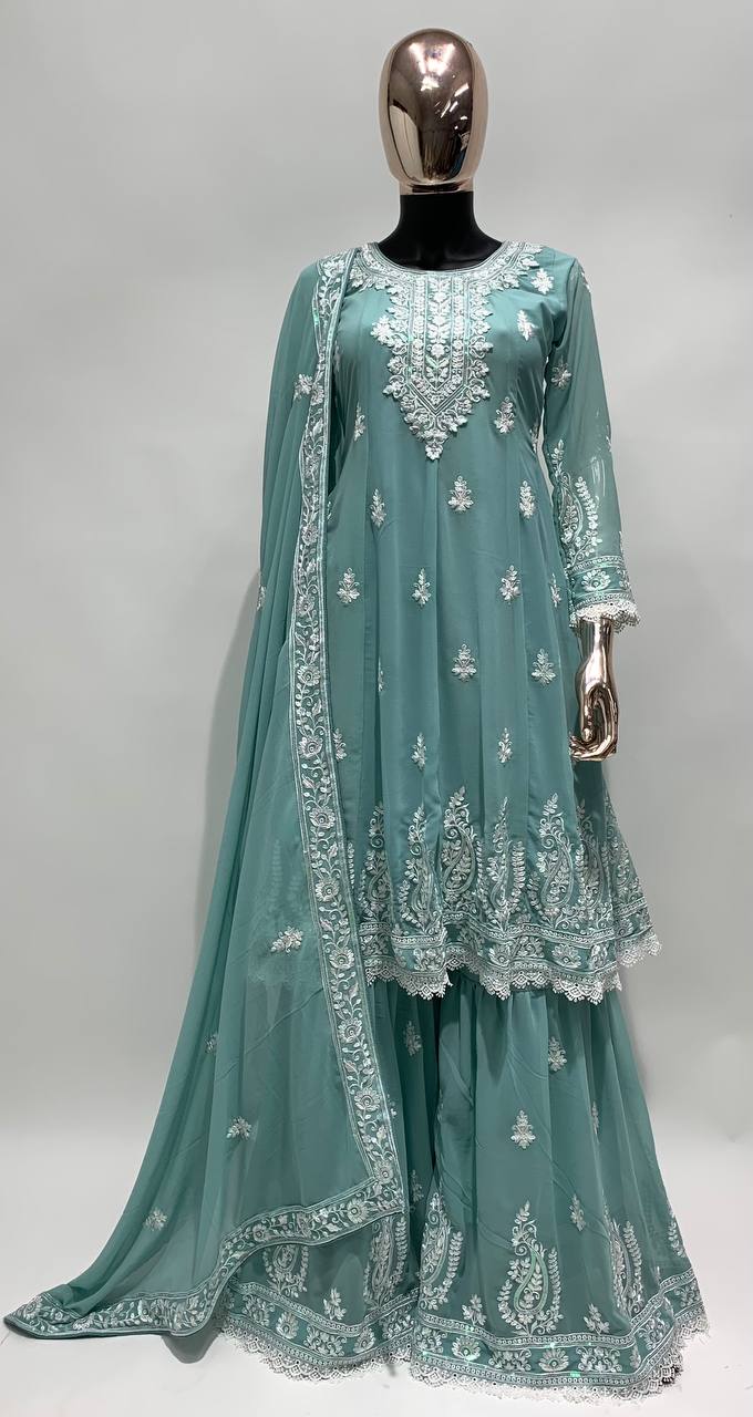 Light Sea Green Designer Georgette Embroidered Party Wear Sharara Suit