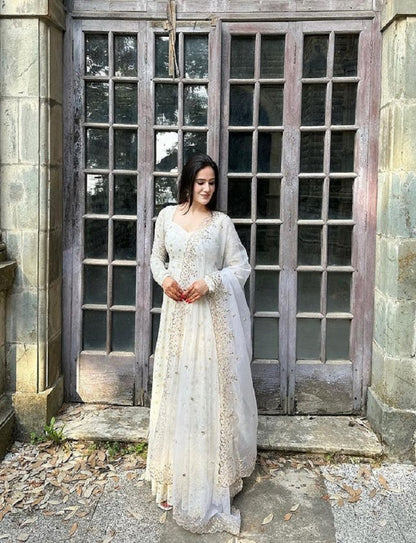 White Colour Faux Georgette With Sequence Work Party Wear Anarkali Gown With Silk Orgenza Dupatta