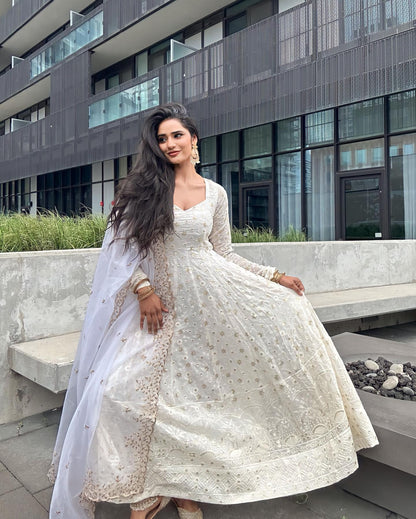 White Colour Faux Georgette With Sequence Work Party Wear Anarkali Gown With Silk Orgenza Dupatta