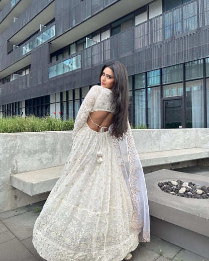 White Colour Faux Georgette With Sequence Work Party Wear Anarkali Gown With Silk Orgenza Dupatta