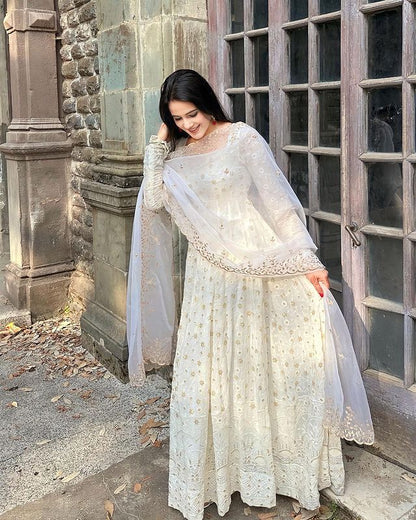 White Colour Faux Georgette With Sequence Work Party Wear Anarkali Gown With Silk Orgenza Dupatta
