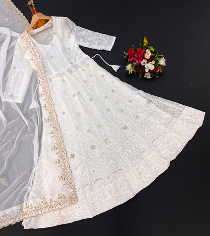 White Colour Faux Georgette With Sequence Work Party Wear Anarkali Gown With Silk Orgenza Dupatta