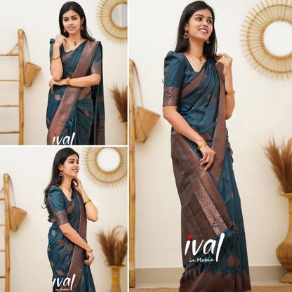 Women Geometric Pattern Banarasi Saree with Contrast Border And Blouse Piece