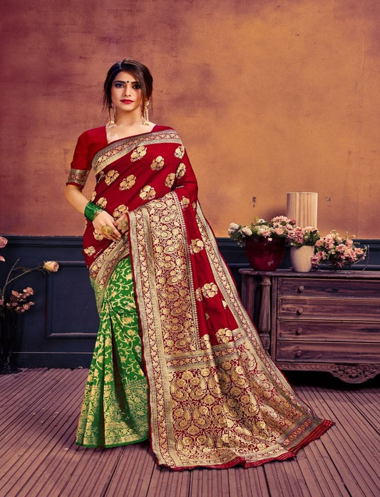 New Jacquard Casual Wear Fancy Half Half Silk Saree, With Blouse Piece, 5.5 M (Separate Blouse Piece)