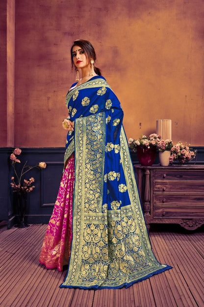 New Jacquard Casual Wear Fancy Half Half Silk Saree, With Blouse Piece, 5.5 M (Separate Blouse Piece)