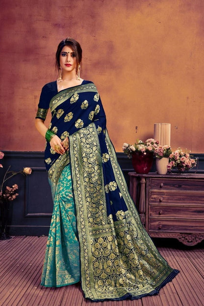 New Jacquard Casual Wear Fancy Half Half Silk Saree, With Blouse Piece, 5.5 M (Separate Blouse Piece)