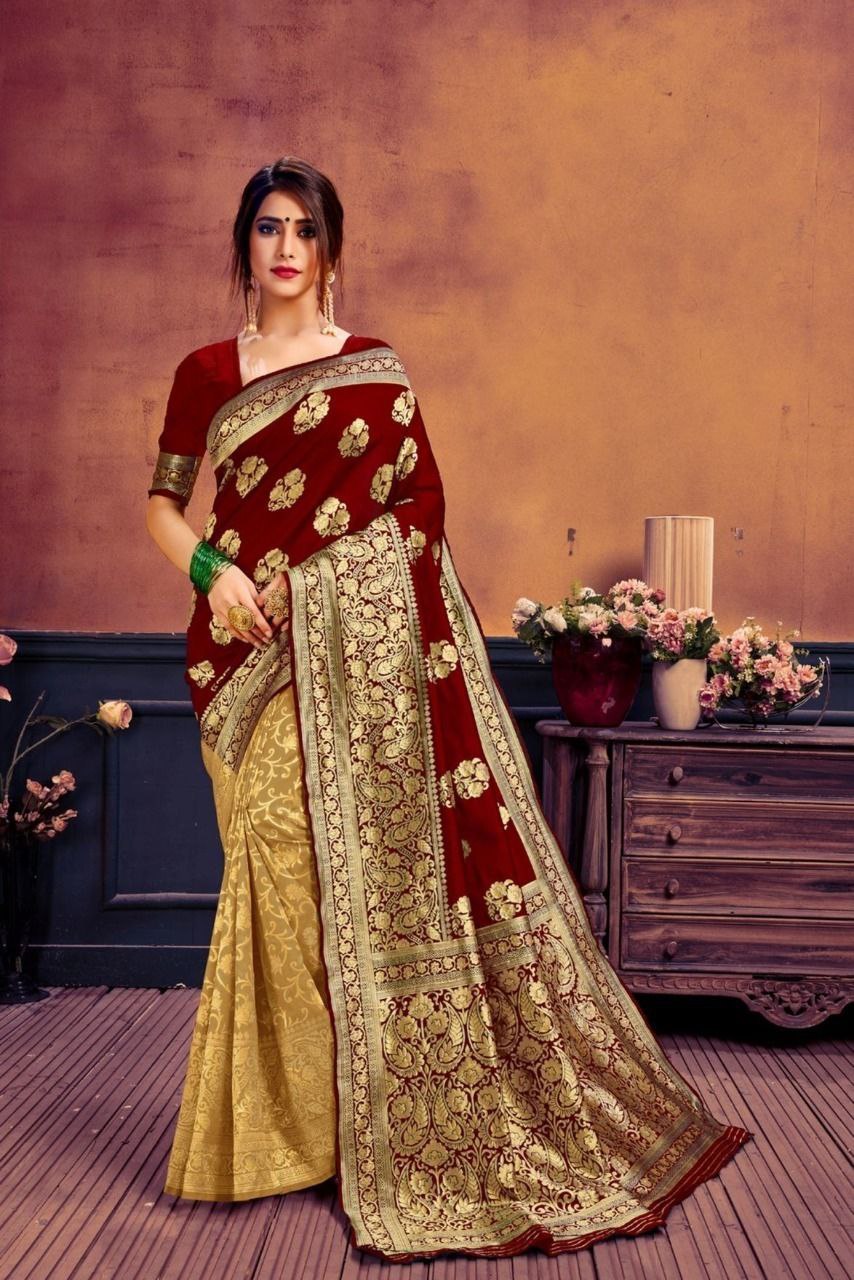 New Jacquard Casual Wear Fancy Half Half Silk Saree, With Blouse Piece, 5.5 M (Separate Blouse Piece)