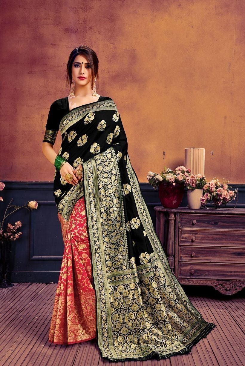 New Jacquard Casual Wear Fancy Half Half Silk Saree, With Blouse Piece, 5.5 M (Separate Blouse Piece)