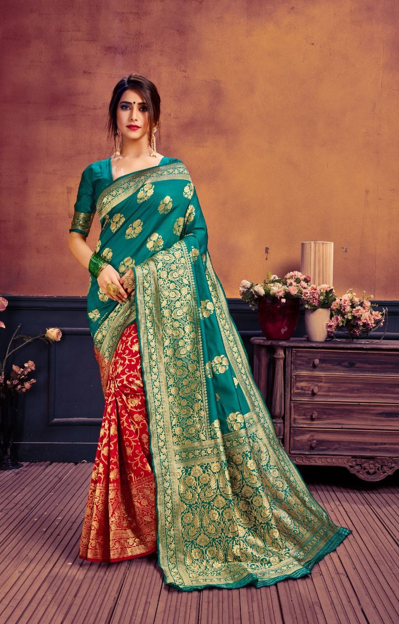 New Jacquard Casual Wear Fancy Half Half Silk Saree, With Blouse Piece, 5.5 M (Separate Blouse Piece)