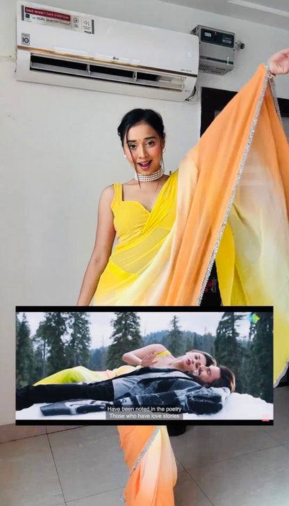 Yellow&Red Women's Colorblocked Celebrity Organza Rocky Aur Rani Ki Prem Kahani Alia Bhatt Saree with Unstitched Blouse Piece