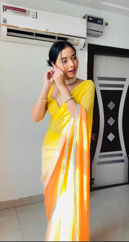 Yellow&Red Women's Colorblocked Celebrity Organza Rocky Aur Rani Ki Prem Kahani Alia Bhatt Saree with Unstitched Blouse Piece