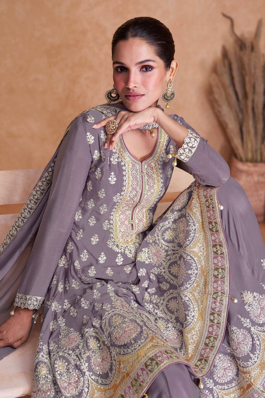 Lavender Colored Heavy Faux Georgette Sharara Suit With Designer Dupatta, Traditional Salwar Kameez For Women