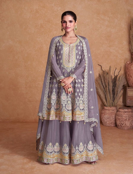 Lavender Colored Heavy Faux Georgette Sharara Suit With Designer Dupatta, Traditional Salwar Kameez For Women