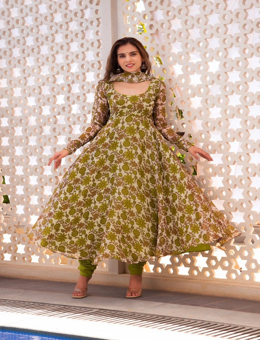 Trendy Printed Parrot Green Color Anarkali Gown Pant Pair With Dupatta Set