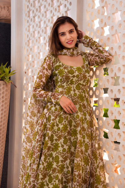 Trendy Printed Parrot Green Color Anarkali Gown Pant Pair With Dupatta Set