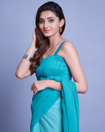 Women's Beutiful Faux Georgette Sky Blue Coloured Saree With Mono Benglori Silk Blouse