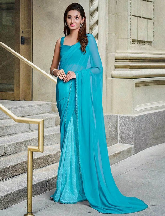 Women's Beutiful Faux Georgette Sky Blue Coloured Saree With Mono Benglori Silk Blouse