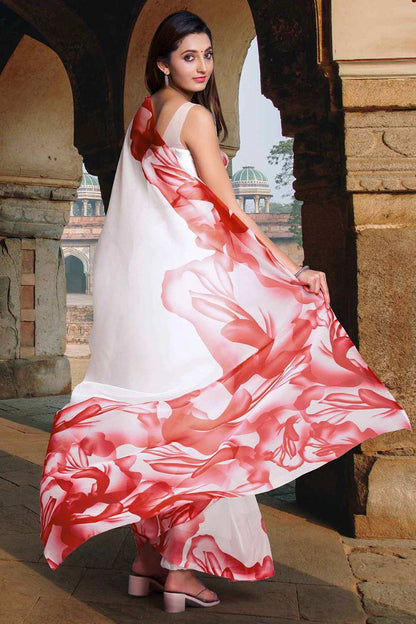 Women's White and Red Colour Printed Georgette Saree With Tafeta Silk Unstitched Blouse