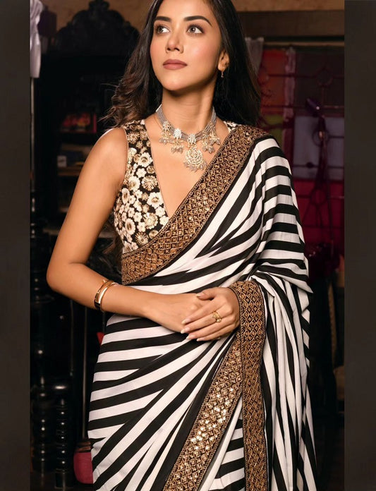 Women's Black and White Striped With Lace Embellsihed Georgette Saree With Tafeta Silk Blouse