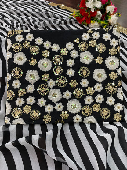 Women's Black and White Striped With Lace Embellsihed Georgette Saree With Tafeta Silk Blouse