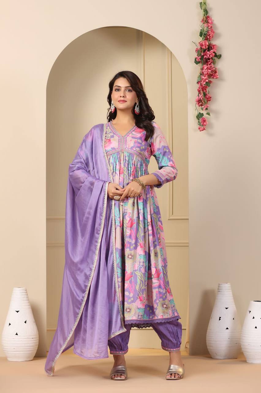 Sky & Purple  Muslin Anarkali Kurti Long Gown Afghani Pant With Dupatta Set Designer Kurti Set Printed Anarkali Gown Suit Summer Wear Kurti 3PC Kurti