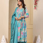 Sky & Purple  Muslin Anarkali Kurti Long Gown Afghani Pant With Dupatta Set Designer Kurti Set Printed Anarkali Gown Suit Summer Wear Kurti 3PC Kurti