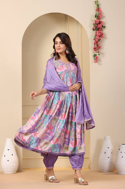 Sky & Purple  Muslin Anarkali Kurti Long Gown Afghani Pant With Dupatta Set Designer Kurti Set Printed Anarkali Gown Suit Summer Wear Kurti 3PC Kurti