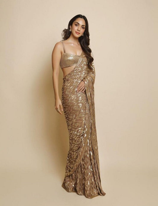Women Faux Georgette Fabric Beige Color Saree With All Over Sequins Embroidery work Bollywood saree