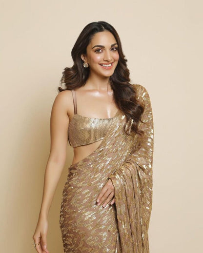 Women Faux Georgette Fabric Beige Color Saree With All Over Sequins Embroidery work Bollywood saree