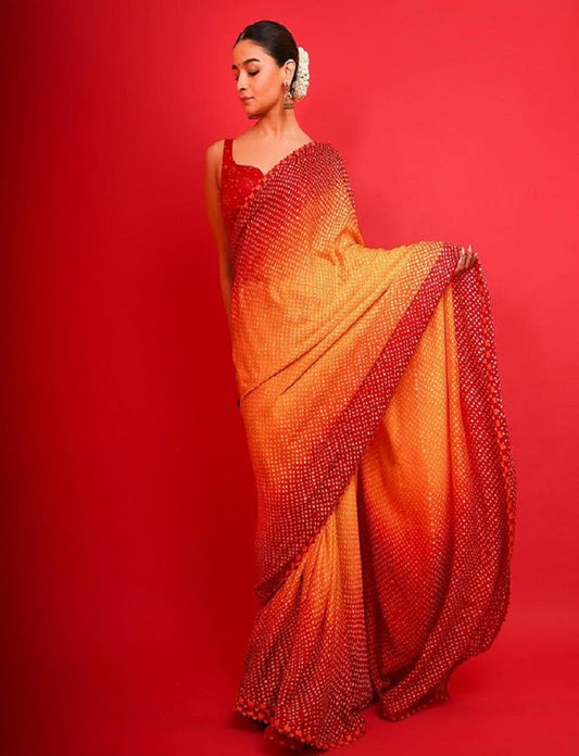 Alia Bhatt Red Color Heavy Satin Georgette Creap Silk Digital Printed Bollywood Saree