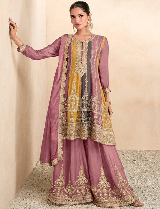 Pink, Grey & Yellow Strip Chinon Embroidered Stitched Sharara Suit Set With Dupatta