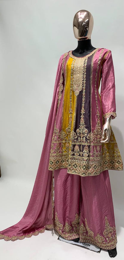 Pink, Grey & Yellow Strip Chinon Embroidered Stitched Sharara Suit Set With Dupatta