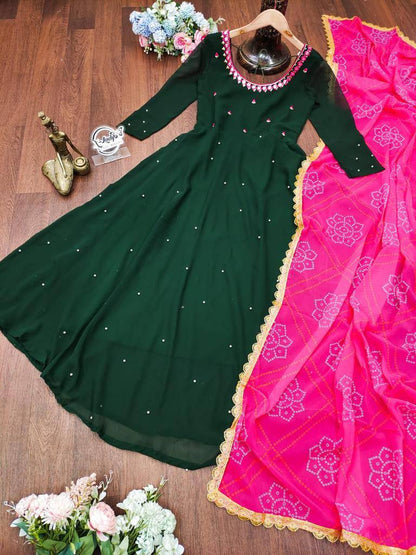 Green Women's Solid Georgette Gown Kurta with Dupatta, Long Kurti Ethnic Dress Set for All Occasions.
